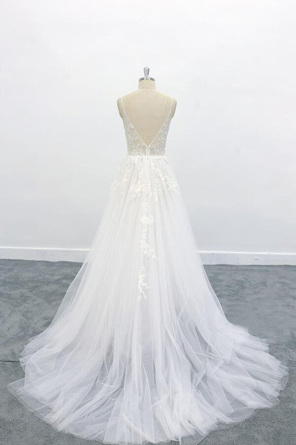 Vestido de novia largo de tul con encaje, escote en V y espalda descubierta