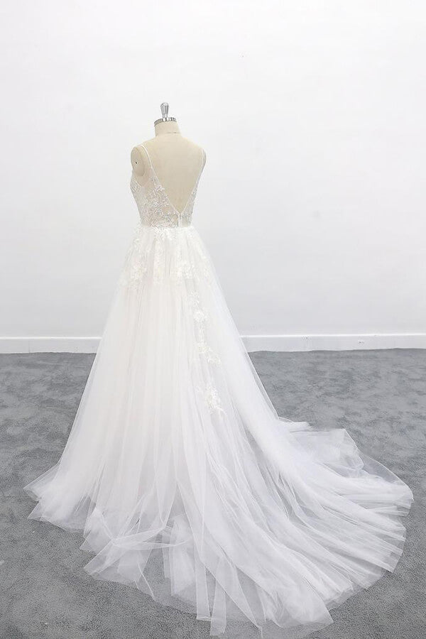 Vestido de novia largo de tul con encaje, escote en V y espalda descubierta