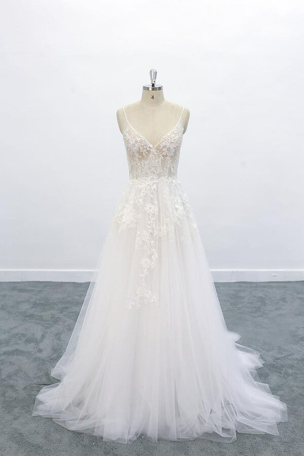 Vestido de novia largo de tul con encaje, escote en V y espalda descubierta