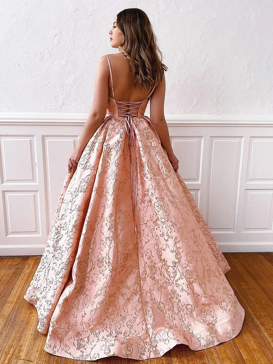 Robes de bal longues en ligne A à col en V, dos nu, en dentelle avec corset au dos