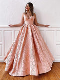 Robes de bal longues en ligne A à col en V, dos nu, en dentelle avec corset au dos
