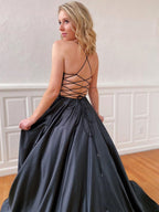 Robes de bal longues en satin, coupe évasée, col en V, dos nu, noires, robes de soirée formelles à dos ouvert