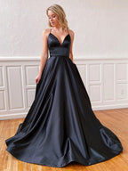 Robes de bal longues en satin, coupe évasée, col en V, dos nu, noires, robes de soirée formelles à dos ouvert