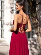 Robes longues évasées à encolure en V en mousseline, dos nu, en dentelle, pour bal de finissants avec fente