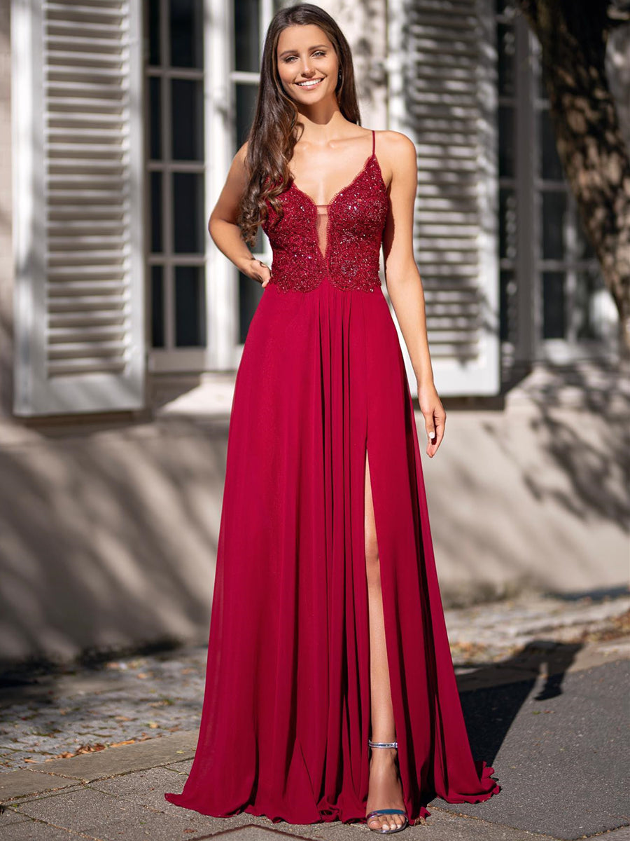 Robes longues évasées à encolure en V en mousseline, dos nu, en dentelle, pour bal de finissants avec fente