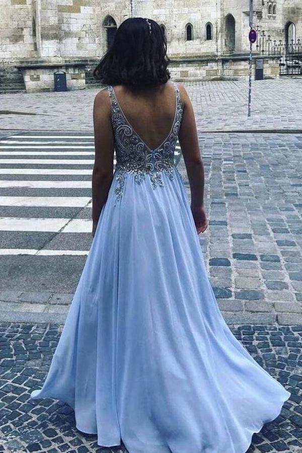 Robe de bal longue en mousseline à encolure en V, ligne A, dos nu ornée de perles