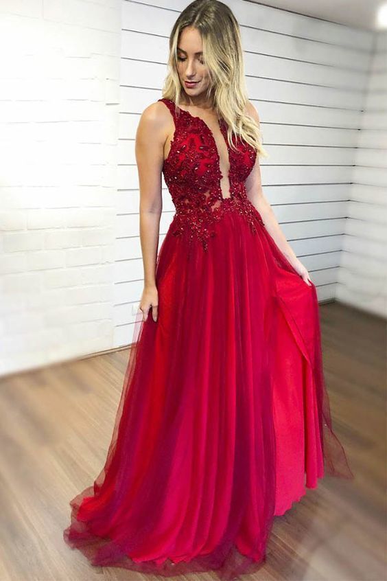 Robes de bal rouges longues en mousseline à encolure en V, coupe évasée, ornées de perles, avec fente