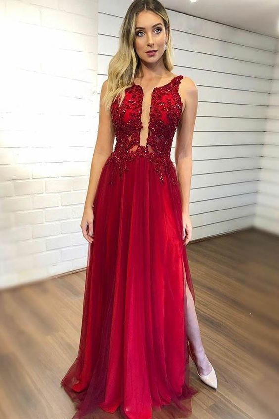 Robes de bal rouges longues en mousseline à encolure en V, coupe évasée, ornées de perles, avec fente
