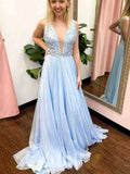 Robe de bal longue en mousseline avec col en V et dentelle, bleu ciel, robe de soirée formelle pour remise de diplômes