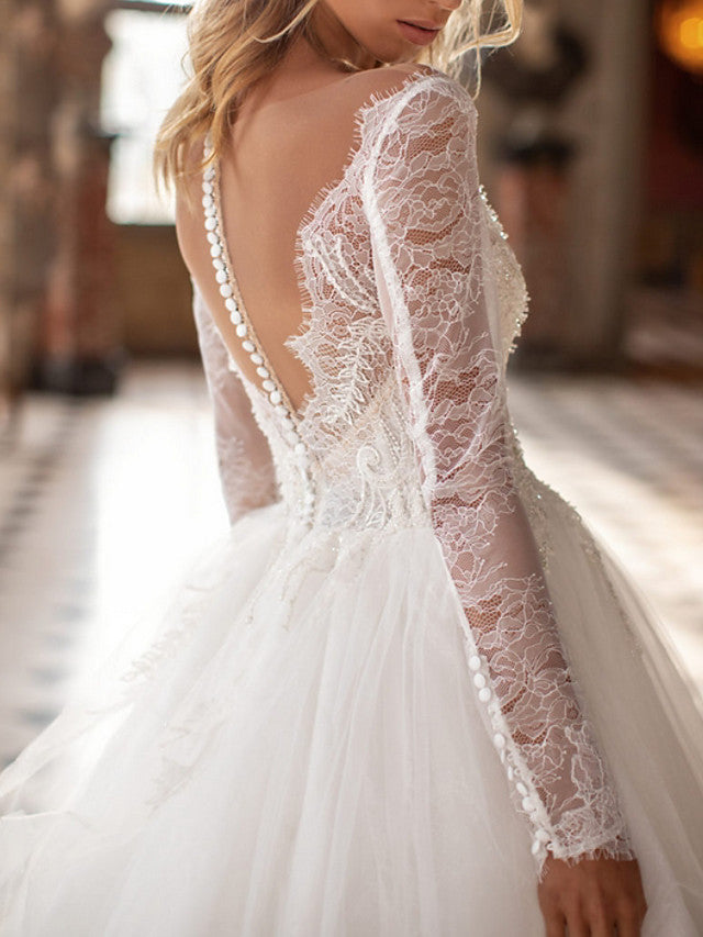 Langes A-Linien-Brautkleid mit V-Ausschnitt und Hofschleppe, Spitze und Tüll, rückenfrei, mit Ärmeln