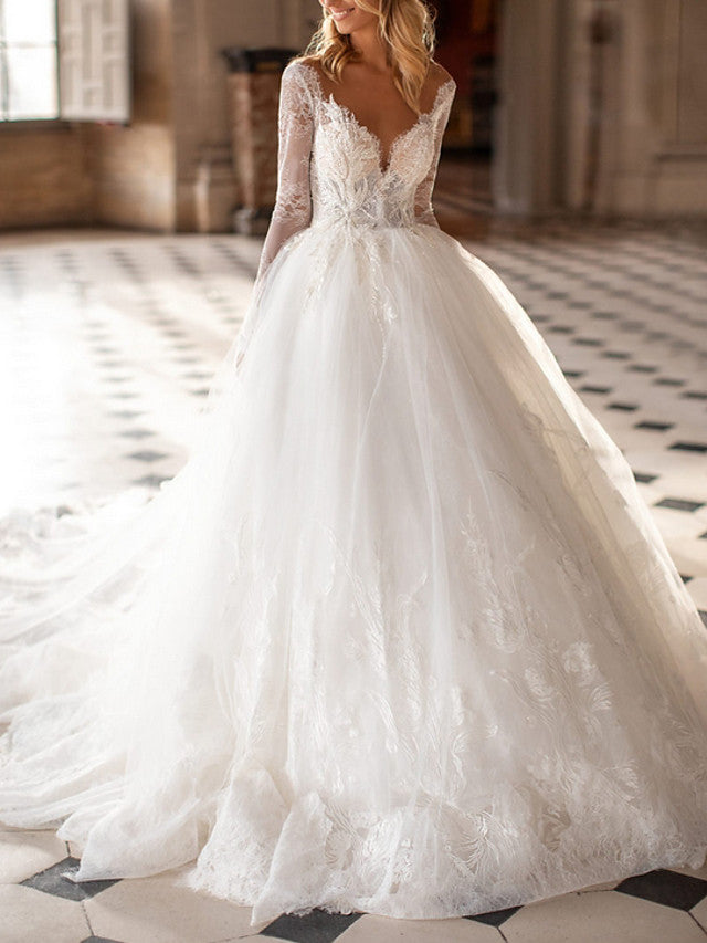Langes A-Linien-Brautkleid mit V-Ausschnitt und Hofschleppe, Spitze und Tüll, rückenfrei, mit Ärmeln