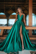 Robe de bal longue émeraude en ligne A à col en V avec fente