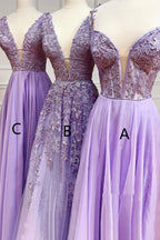 Abito lungo da sera lilla in chiffon con scollo a V e pizzo, linea a trapezio, formale