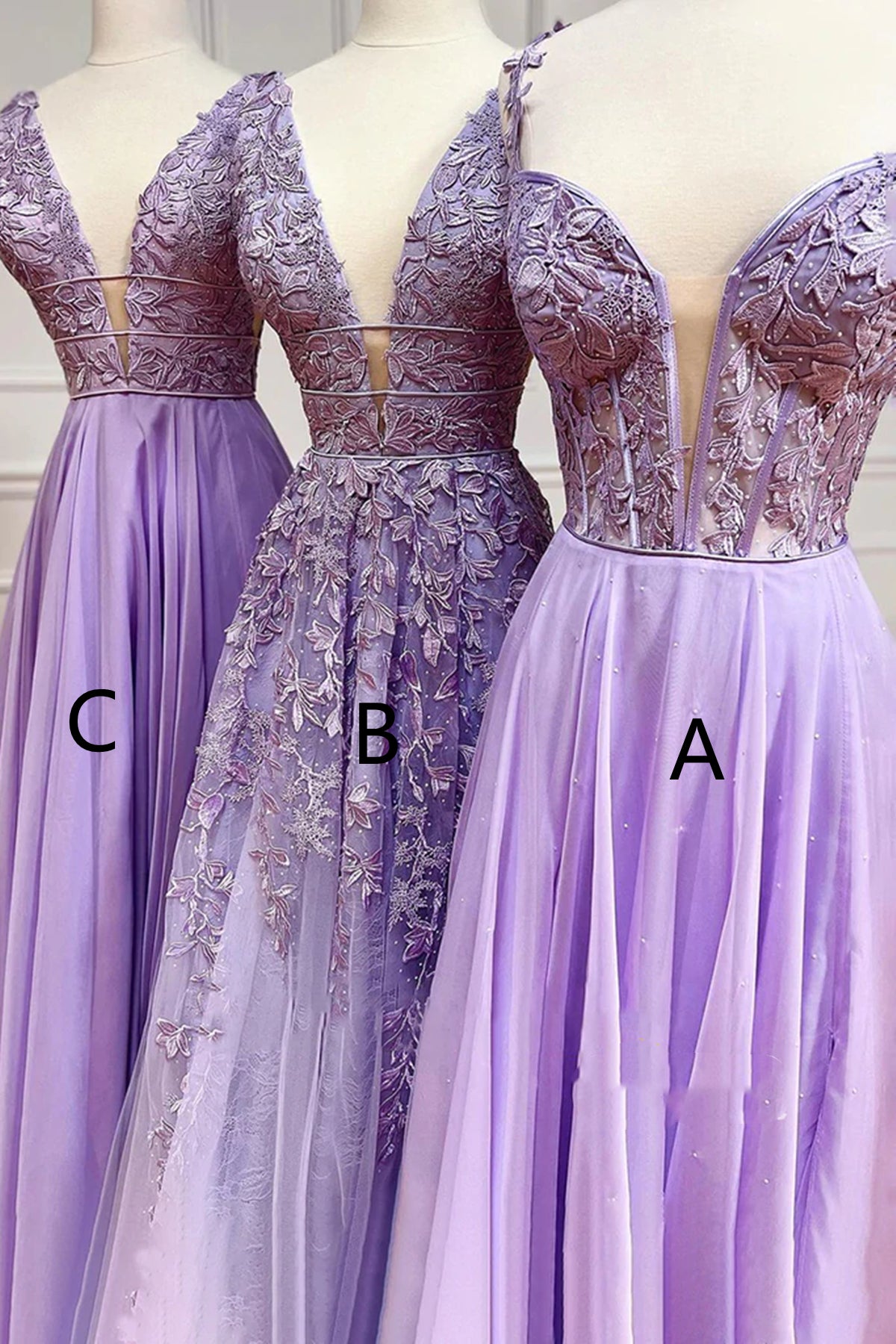 Abito lungo da sera lilla in chiffon con scollo a V e pizzo, linea a trapezio, formale