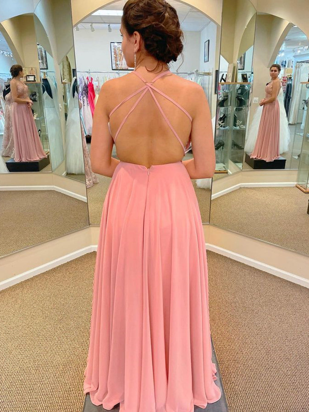 Abito lungo a linea ad A con scollo a V in chiffon di pizzo rosa con spacco, abito formale da sera per laurea