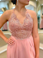 Abito lungo a linea ad A con scollo a V in chiffon di pizzo rosa con spacco, abito formale da sera per laurea