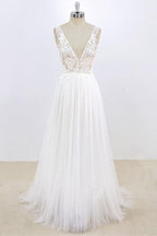 Long A-line V-neck Lace Tulle Open Back Wedding Dress