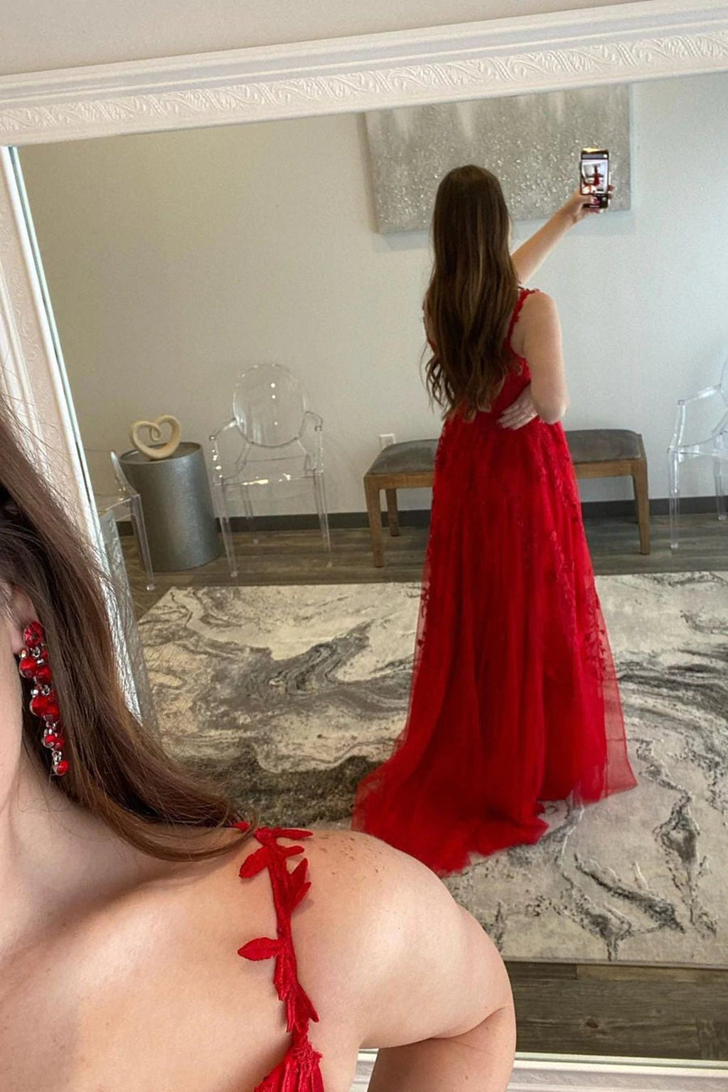 Long A Line V Neck Lace Tulle Prom Dresses with Slit Red Formal Graduation Evening Dresses