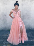 Robe longue évasée à encolure en V, épaules dénudées, en tulle et dentelle florale, robe de bal formelle de soirée avec fente