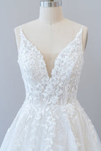 Long A-line V-neck Open Back Appliques Lace Tulle Wedding Dress