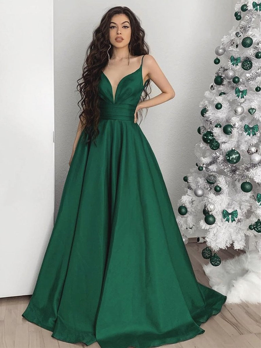 Robes longues de soirée formelles en satin, décolleté en V, dos nu, coupe évasée