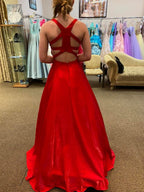 Robes longues de bal en satin à encolure en V, dos nu, avec poches, rouges, robes de soirée formelles pour remise de diplômes