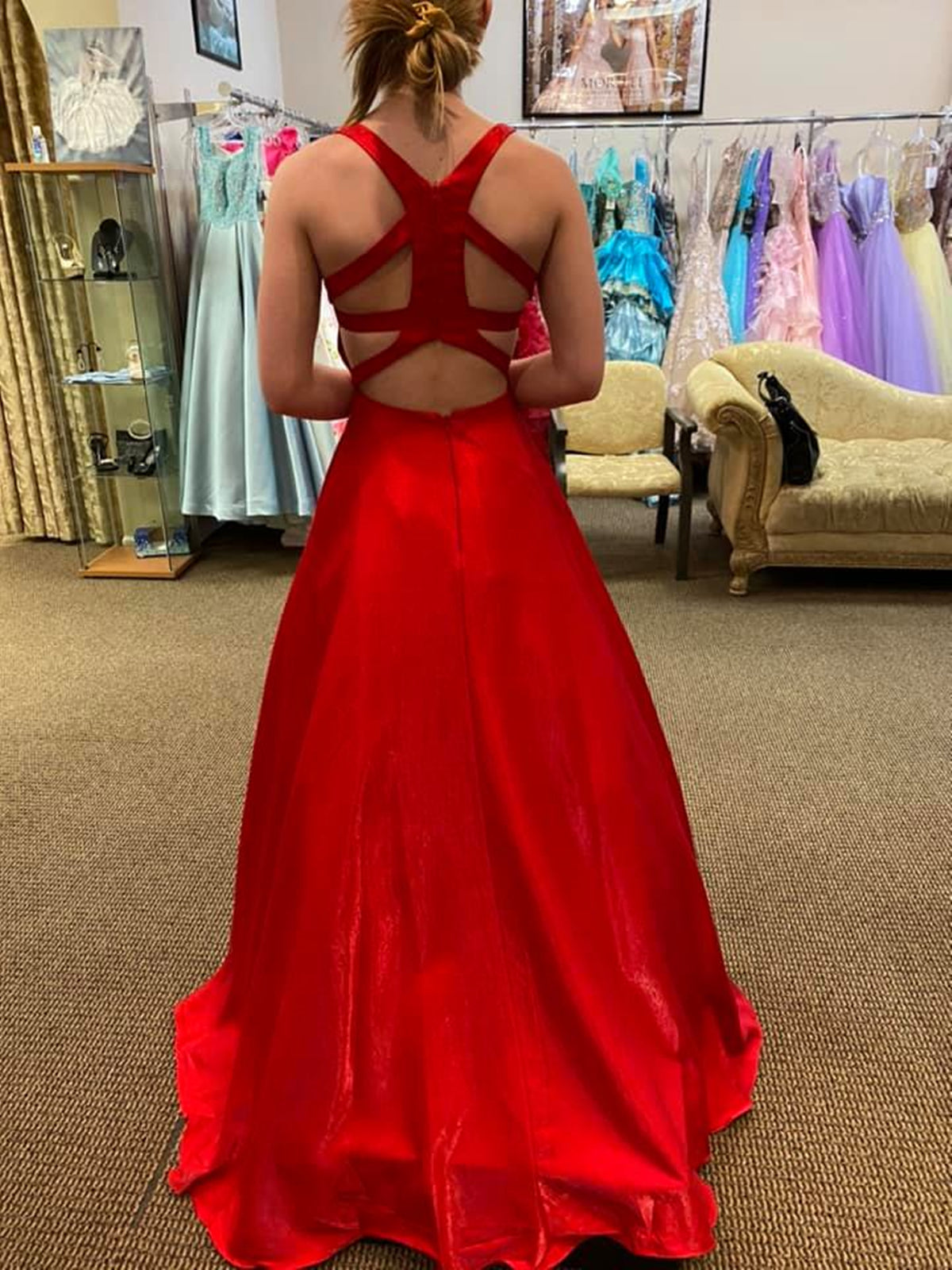 Robes longues de bal en satin à encolure en V, dos nu, avec poches, rouges, robes de soirée formelles pour remise de diplômes