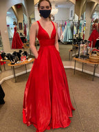 Robes longues de bal en satin à encolure en V, dos nu, avec poches, rouges, robes de soirée formelles pour remise de diplômes