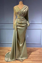 Abito lungo a linea ad A con scollo a V, perline in raso, stile sirena, formale, con maniche
