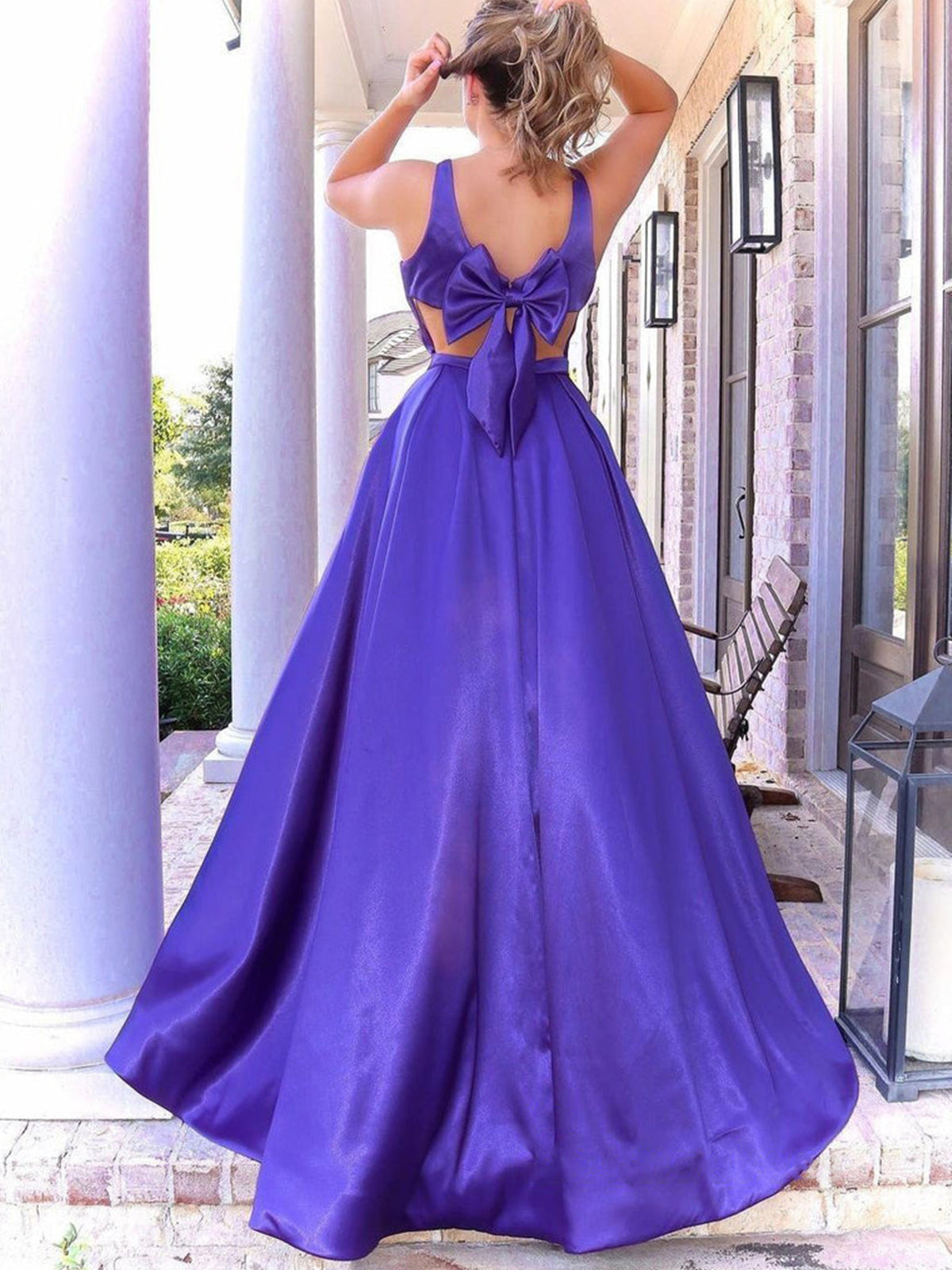 Abito lungo a linea A con scollo a V in raso con tasche Viola Abito formale da sera per laurea