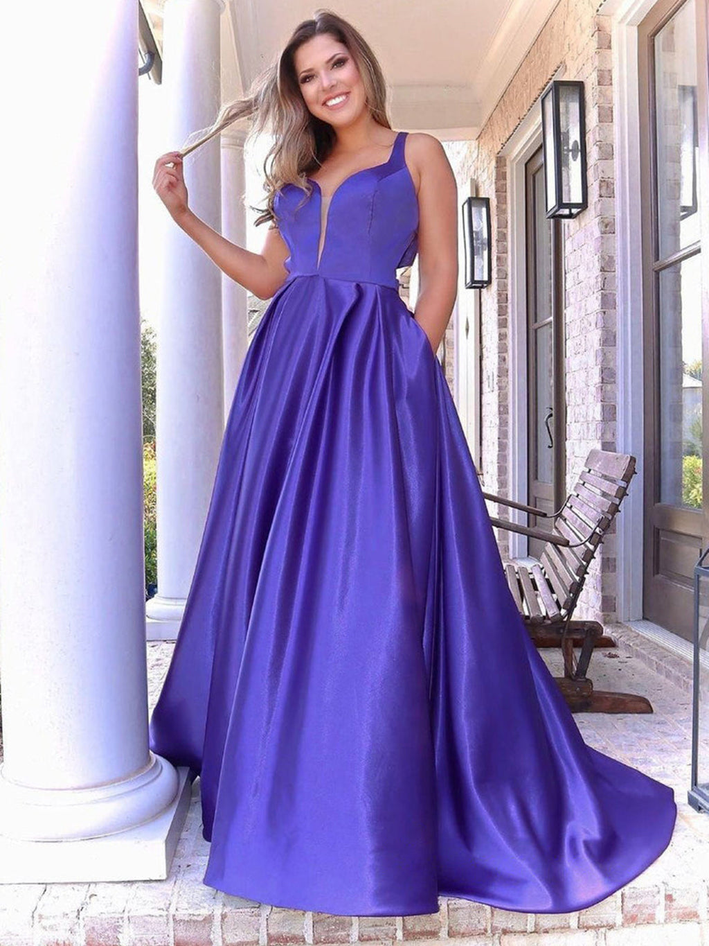 Abito lungo a linea A con scollo a V in raso con tasche Viola Abito formale da sera per laurea