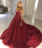 Robe de bal longue en ligne A à col en V, dos ouvert et ornée de paillettes