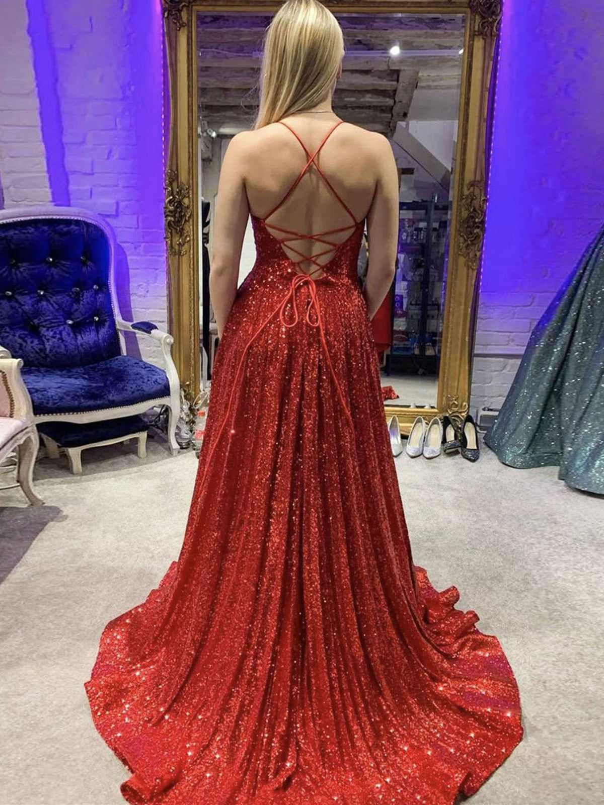 Long A-line V-neck Sequins Backless Prom Dress with Slit Burgundy Formal Graduation Evening Dresses