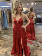 Long A-line V-neck Sequins Backless Prom Dress with Slit Burgundy Formal Graduation Evening Dresses