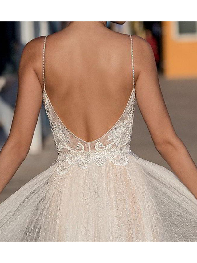 Robes de mariée longues en tulle, ligne A, décolleté en V, fines bretelles spaghetti, dos nu