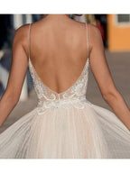 Robes de mariée longues en tulle, ligne A, décolleté en V, fines bretelles spaghetti, dos nu
