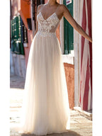 Robes de mariée longues en tulle, ligne A, décolleté en V, fines bretelles spaghetti, dos nu
