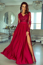 Robe de bal longue en satin extensible, coupe évasée, col en V, manches longues avec fente