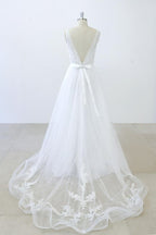 Long A-line V-neck Sweetheart Ruffle Applqiues Tulle Backless Wedding Dress
