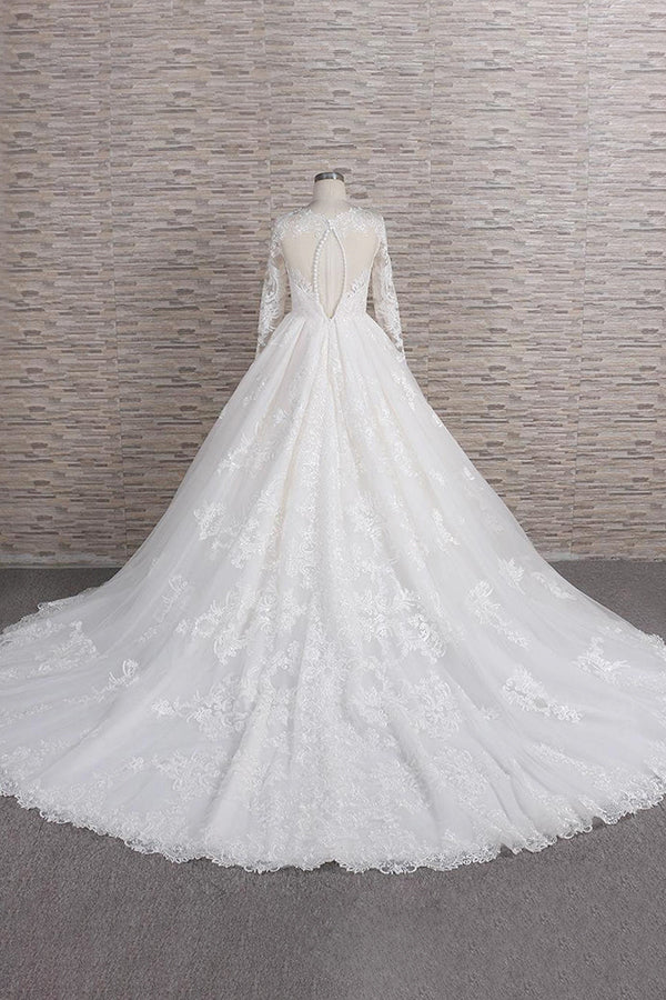 Vestido de noiva longo em linha A com decote em V, tule, aplicações de renda e mangas