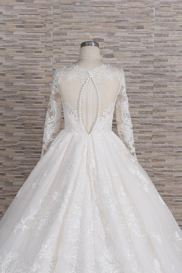 Vestido de noiva longo em linha A com decote em V, tule, aplicações de renda e mangas