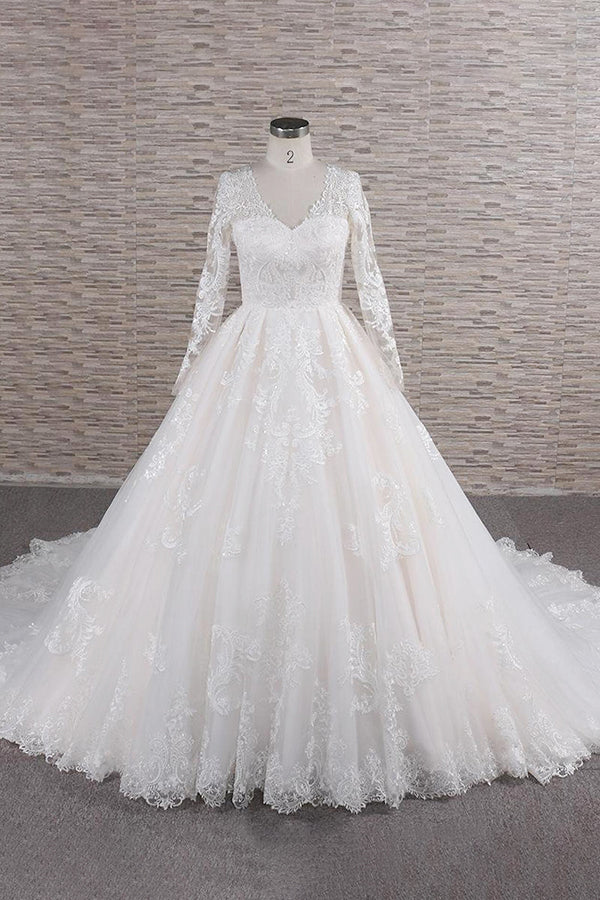 Langes A-Linien-Brautkleid mit V-Ausschnitt, Tüllapplikationen und Spitze und Ärmeln