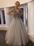 Robe longue trapèze à col en V, dos nu en tulle, ornée de perles, pour bal, cérémonie formelle et soirée de remise de diplômes