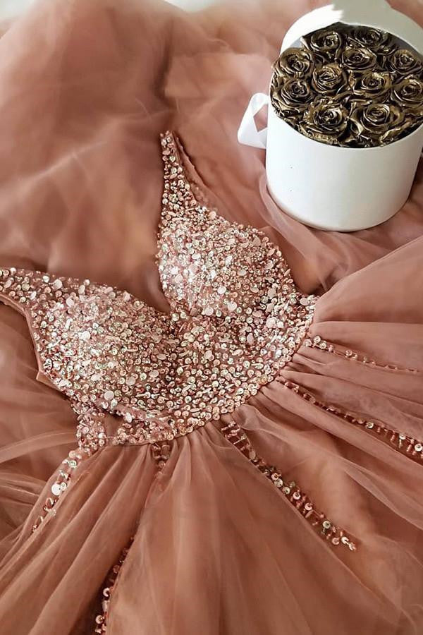Robes longues de soirée formelles en tulle à perles, coupe évasée et col en V