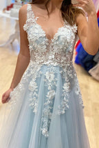 Robe longue en ligne A à col en V avec dentelle en tulle et fleurs 3D pour bal de fin d'études formel