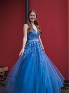 Robes de bal formelles longues en tulle avec appliques en dentelle, en ligne A, col en V, avec ceinture