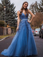 Robes de bal formelles longues en tulle avec appliques en dentelle, en ligne A, col en V, avec ceinture