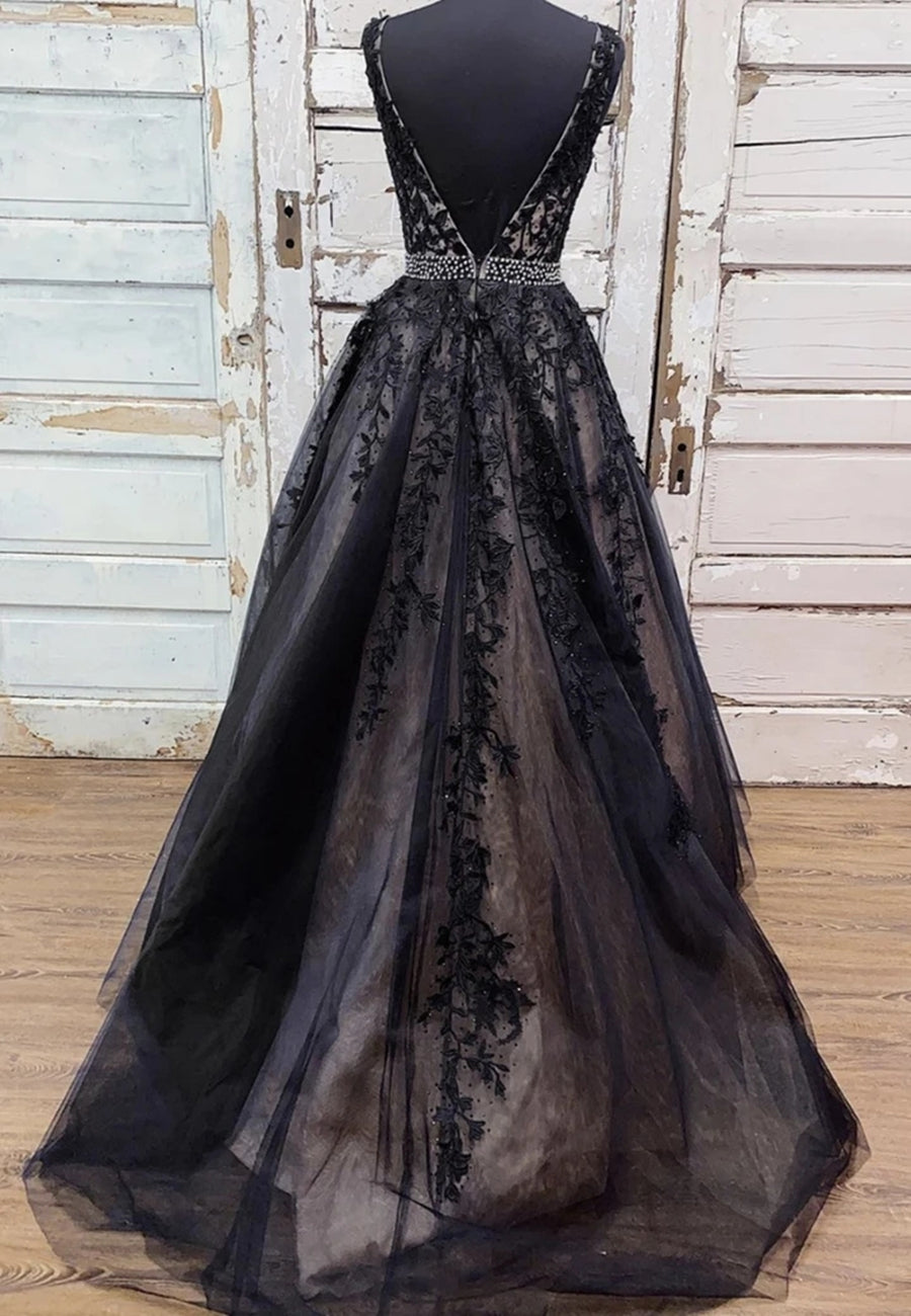 Robes longues de soirée formelles en tulle avec dos nu, dentelle et encolure en V, coupe évasée
