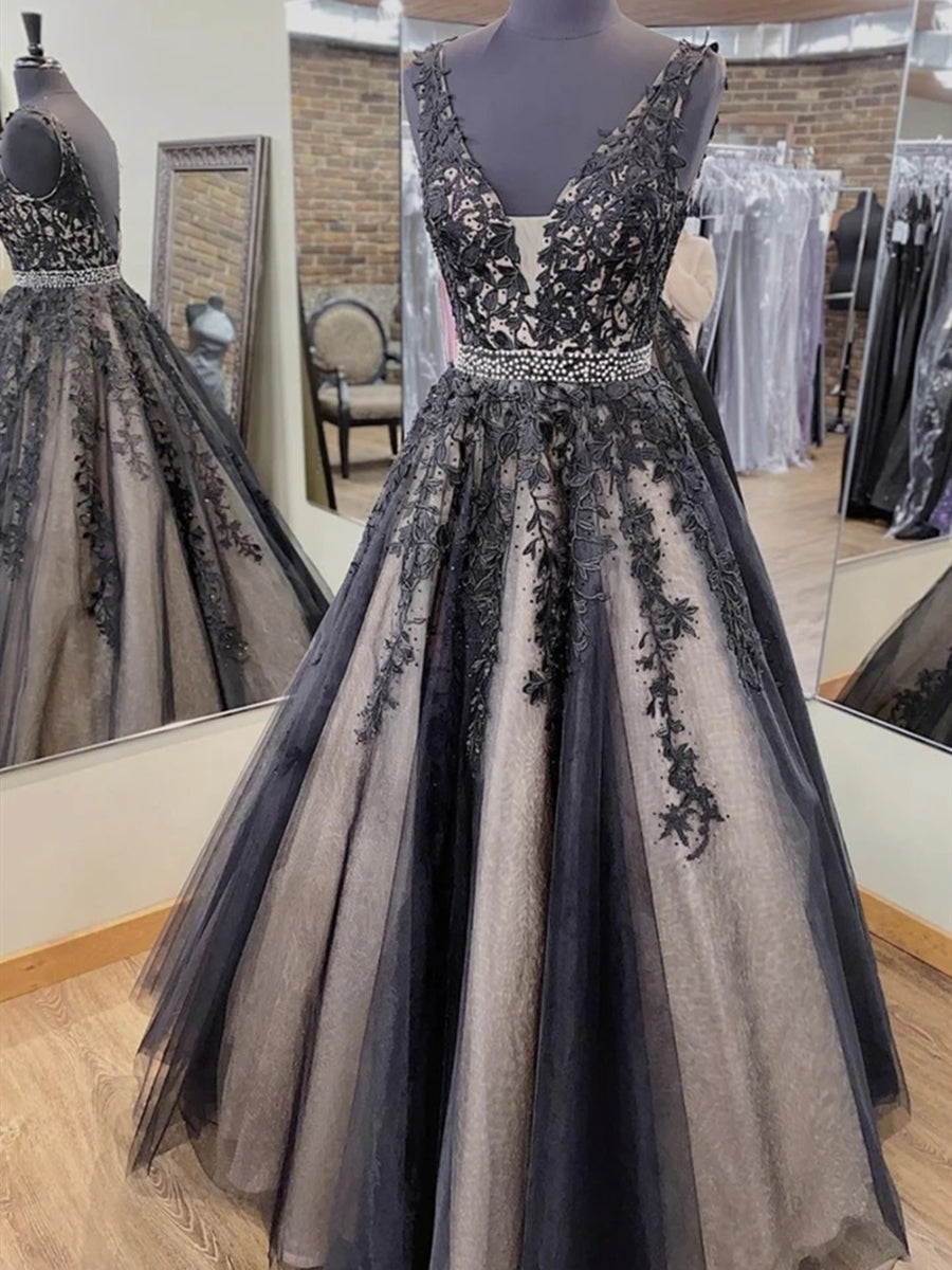 Robes longues de soirée formelles en tulle avec dos nu, dentelle et encolure en V, coupe évasée