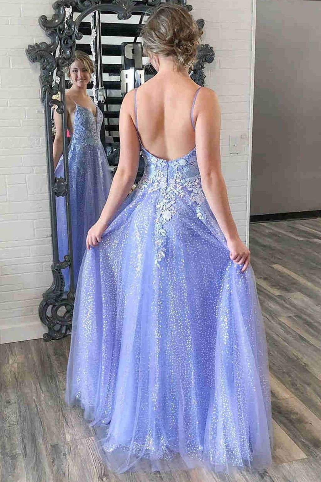Robe de bal longue en tulle à jupe évasée, col en V, dos nu en dentelle violette à motifs floraux, robe de soirée formelle pour remise de diplômes